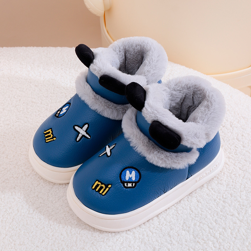 Ụlọ Cartoon Ụmụaka Cotton Slippers PU Akpụkpọ ụkwụ na-egbochi mmiri n'èzí akpụkpọ ụkwụ ụmụaka