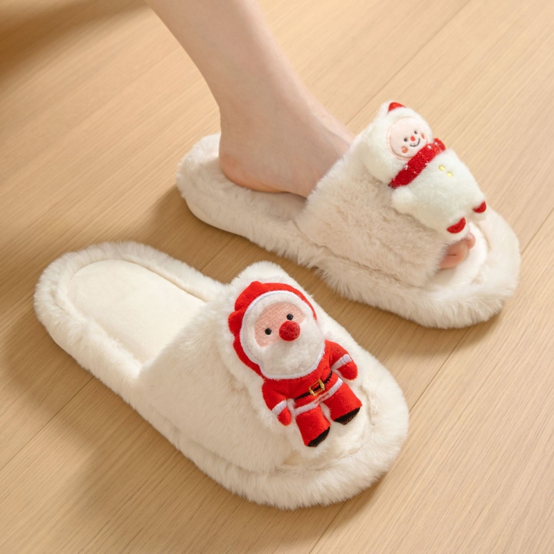 Рождественская обувь Ins Santa с открытым носком, хлопковые тапочки, зимние домашние плюшевые теплые меховые тапочки