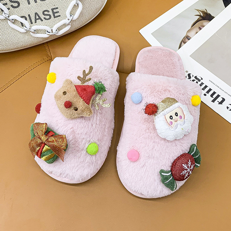 Pantuflas de felpa de Nadal para mulleres, pantuflas cálidas e cálidas para interiores, chanclas planas e casuales