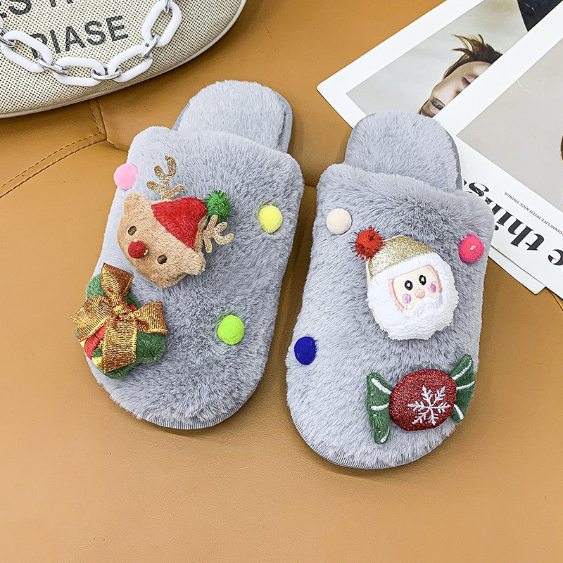 Christmas Plush khau khiab Rau cov poj niam mos hauv qab sov sab hauv tsev khau khiab tiaj tus Casual Fluffy Floor Slides