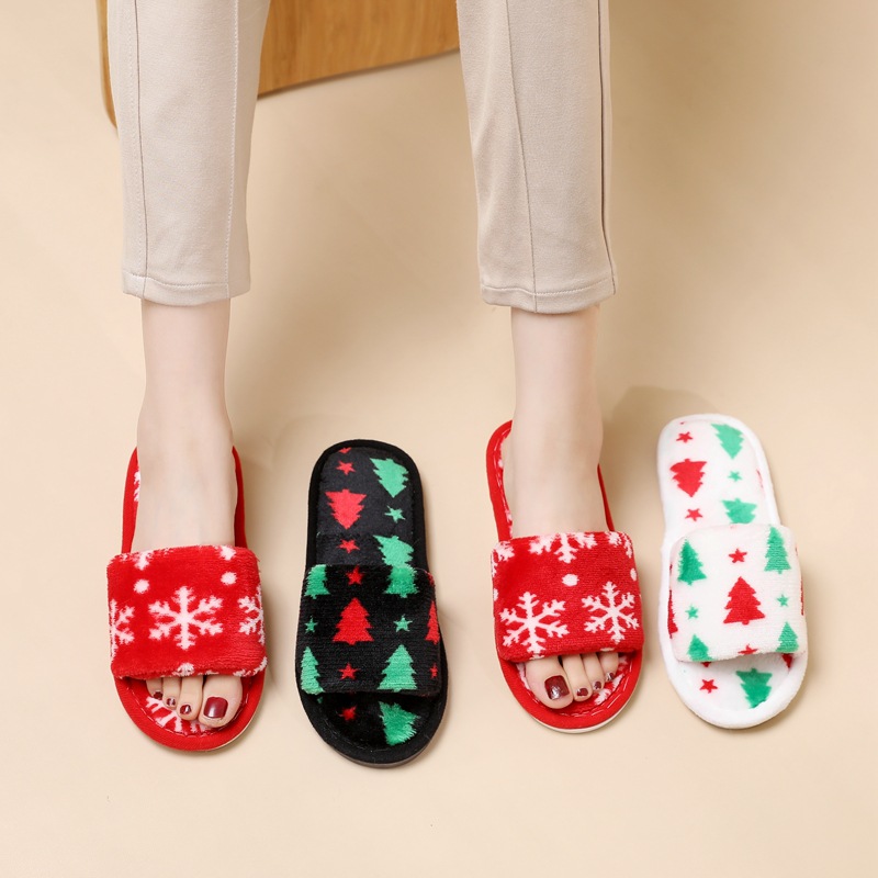 Christmas Gifts Tree Embroidered Slippers Grien & White Fluffy Slippers mei iepen tean