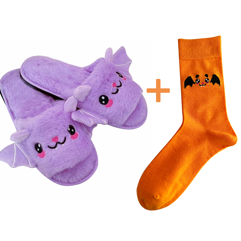 Chaussons d'Halloween gris chauve-souris en peluche douce et confortable à bout ouvert pour femme - Pantoufles pelucheuses d'intérieur ou d'extérieur