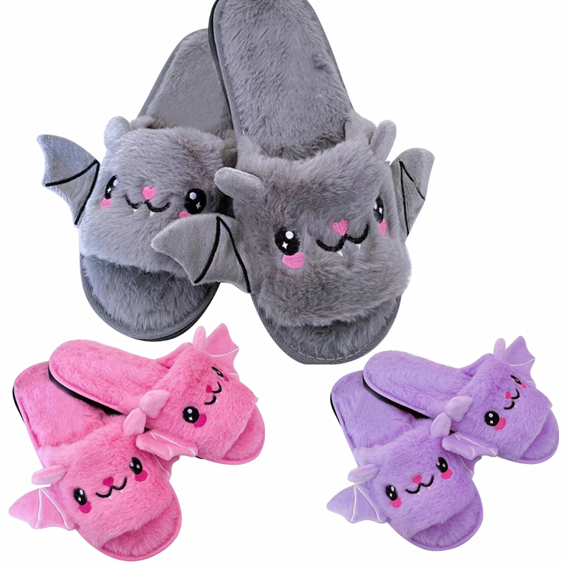 Halloween Grey Bat Animal Soleas Mollis Plush Cosy Open Toe Women Umbraticis vel Outdoor Fuzzy Soleas