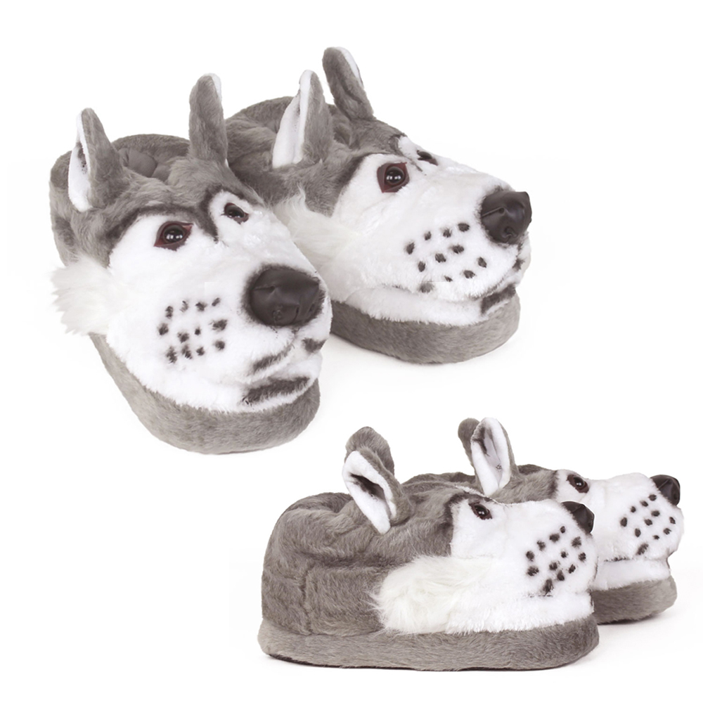 Papuci de pluș cu animale de lup gri, confortabili și confortabili, pentru adulți și copii