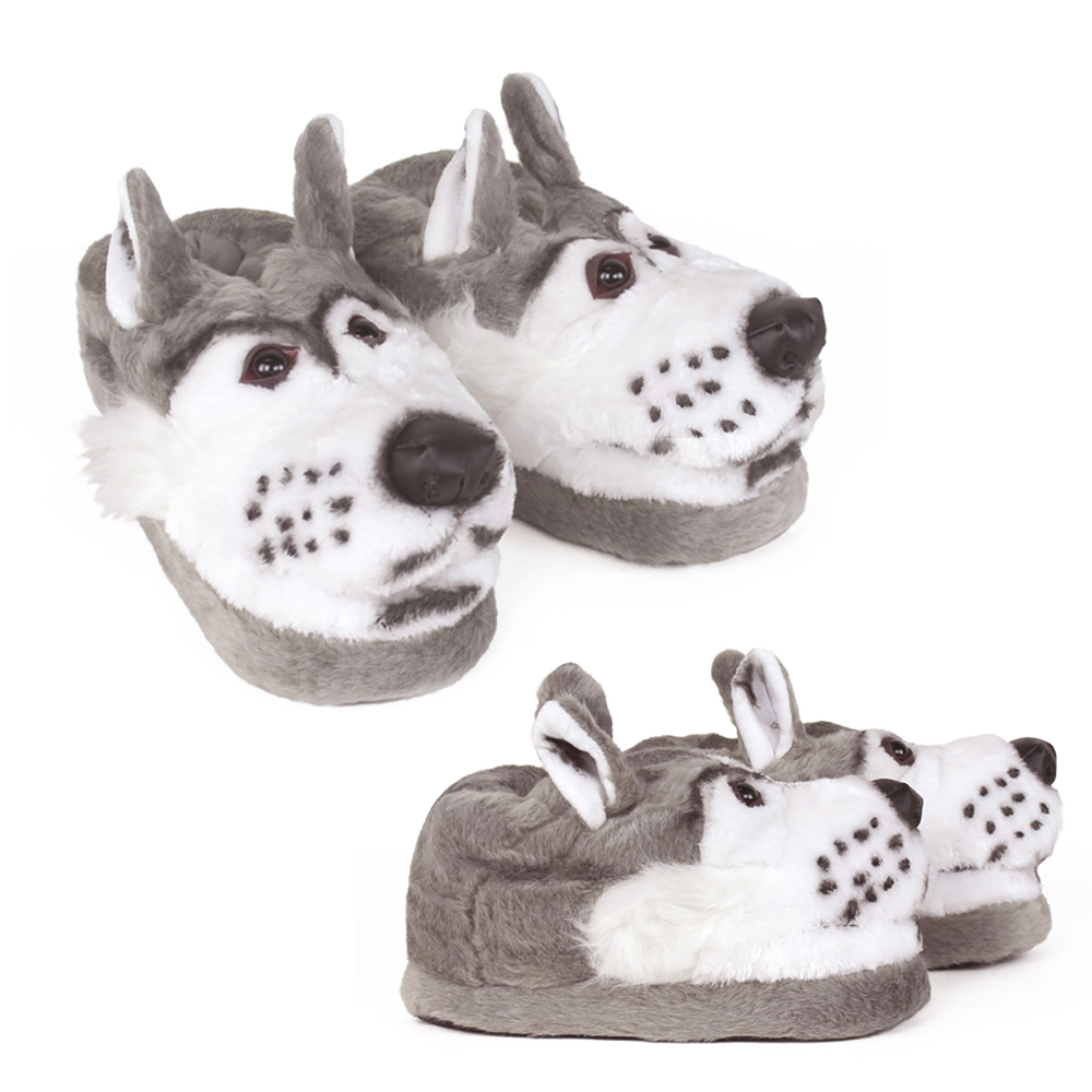 Pantoufles confortables et confortables en peluche d'animal de loup gris pour adultes et enfants