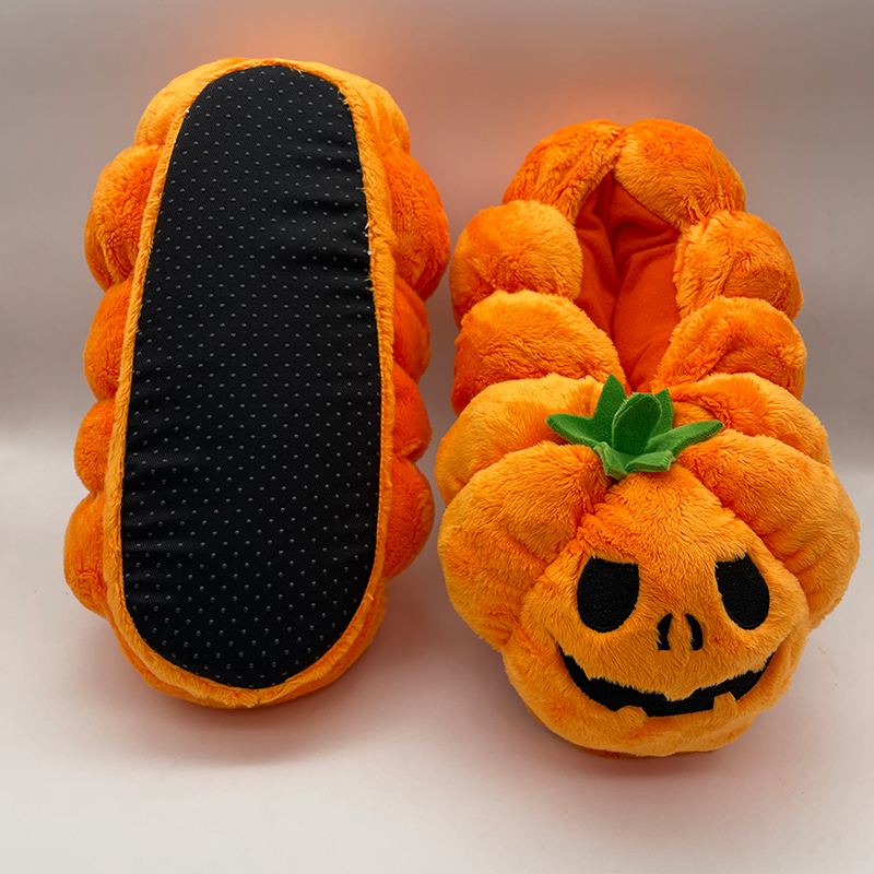 Halloween Pumpkin Slippers Embroidery Plush House Para sa Babaye ug Babaye nga Sapatos