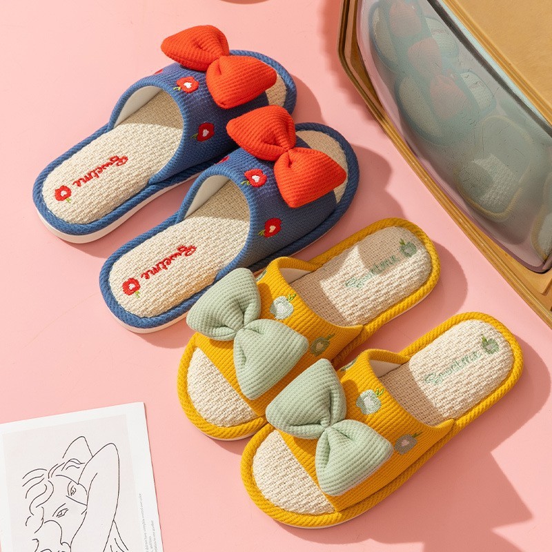 ເກີບແຕະພື້ນເຮືອນ Linen 2023 Sweet Bow Female Spring and Autumn Floor Slippers