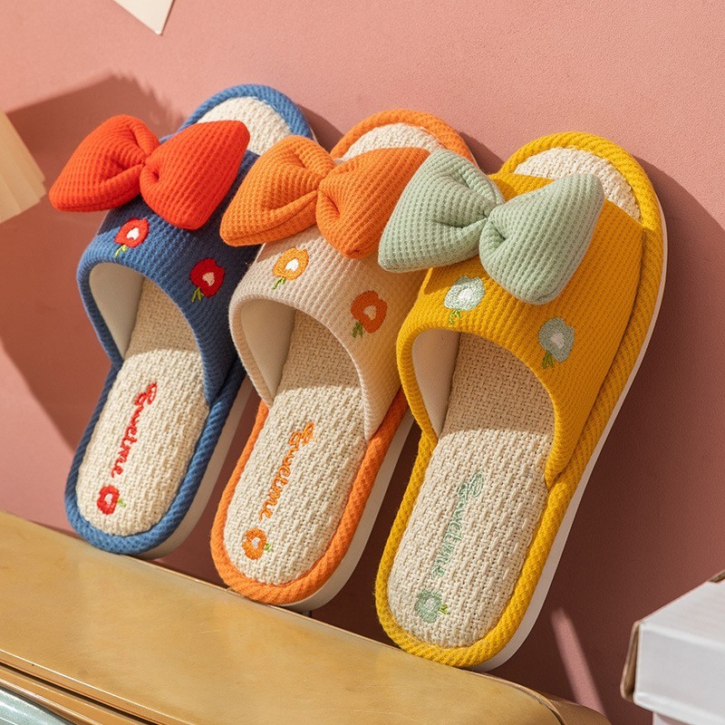 2023 Linen Home Slippers Sweet Bow အမျိုးသမီး နွေဦးနှင့် ဆောင်းဦးကြမ်းပြင် ဖိနပ်