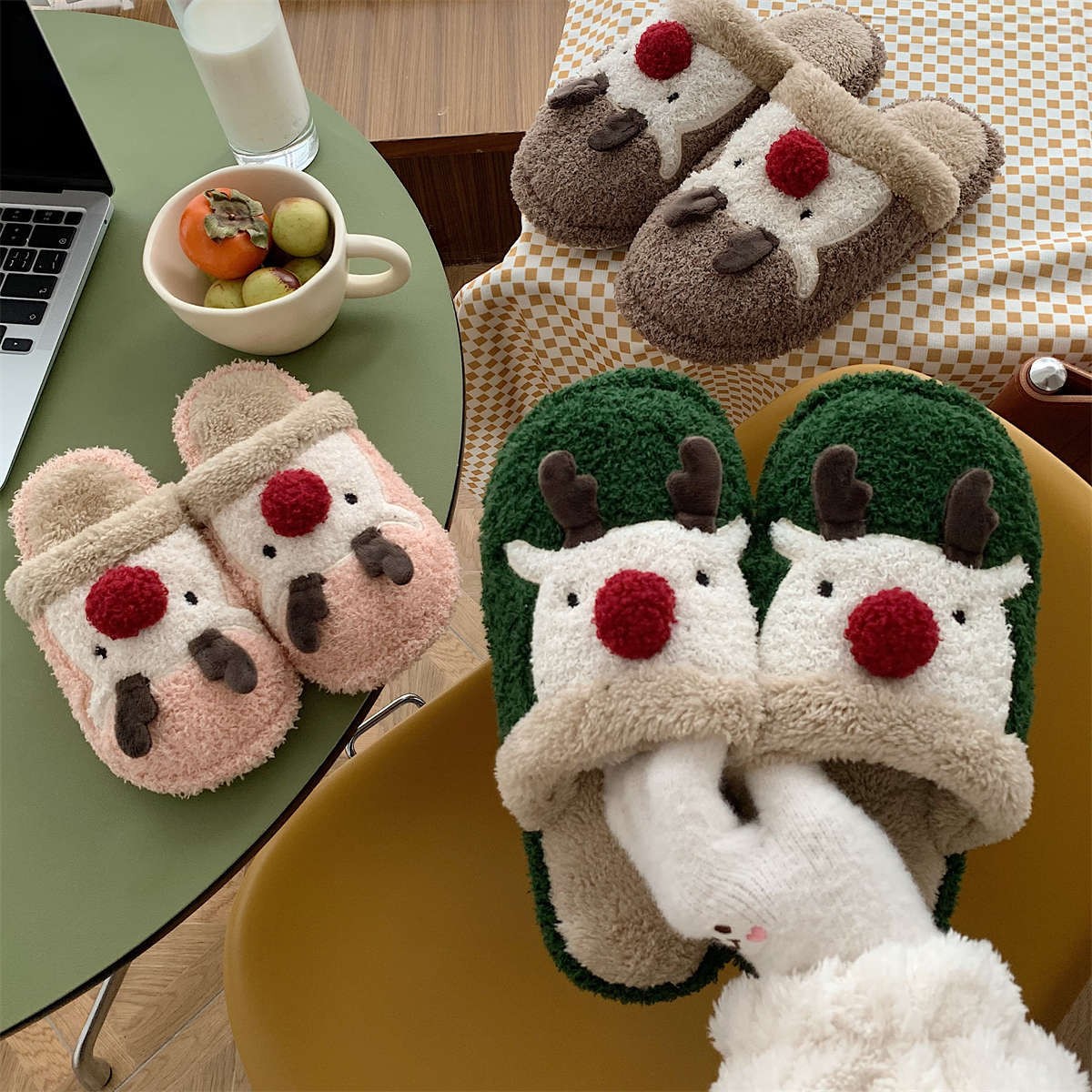 Leuke Cartoon Kerst Elanden Katoenen Moose Stijl Slippers voor Studenten Ins Mode Thuisgebruik Warme Pluche Katoenen Slippers