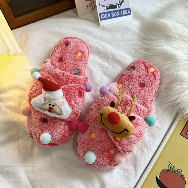 Christmas Elk Plush Home Slippers Santa Closed Toe Cute Deer Women Fluffy Slippers Party 2024 Mga Regalo sa Pasko