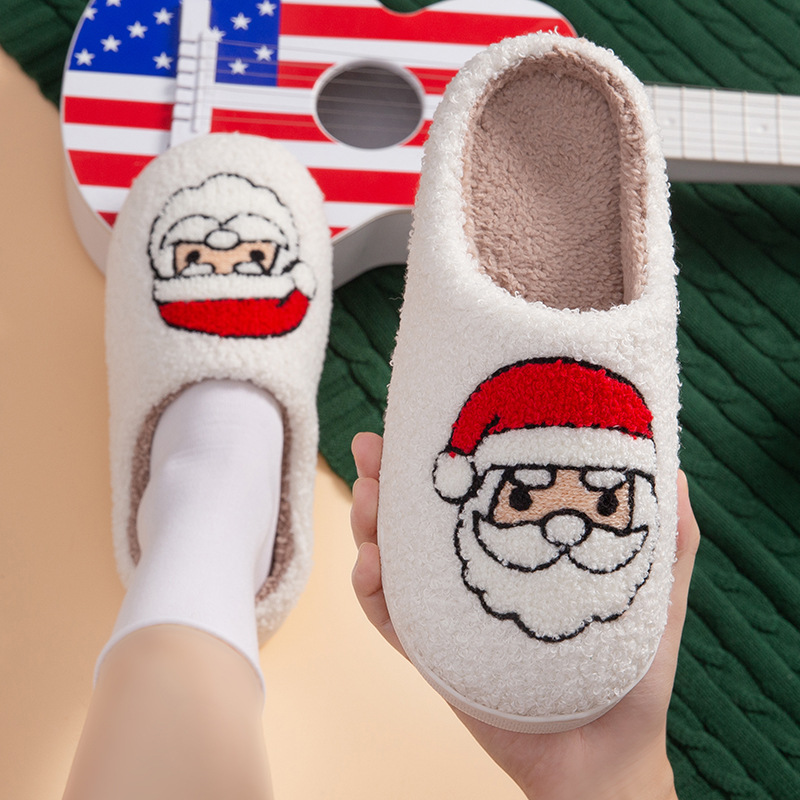 Papuci din bumbac de Crăciun Preppy Moș Crăciun, drăguți, brodați, pentru femei, bărbați, cu papuci de iarnă, îngroșați, de catifea