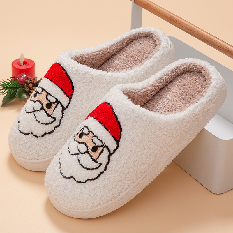 Giáng Sinh Preppy Santa Dép Cotton Thêu Dễ Thương Dành Cho Nữ Nhung Dày Ấm Dép Mùa Đông