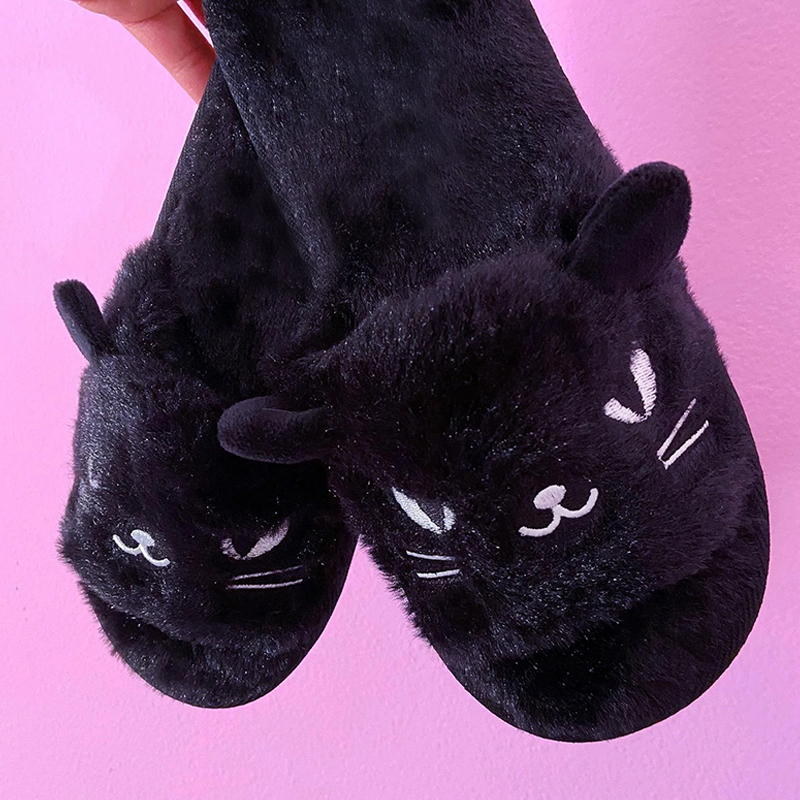 Персонализирани дамски меки пухкави отворени пръсти за спалня, сладки, прекрасни черни котешки чехли