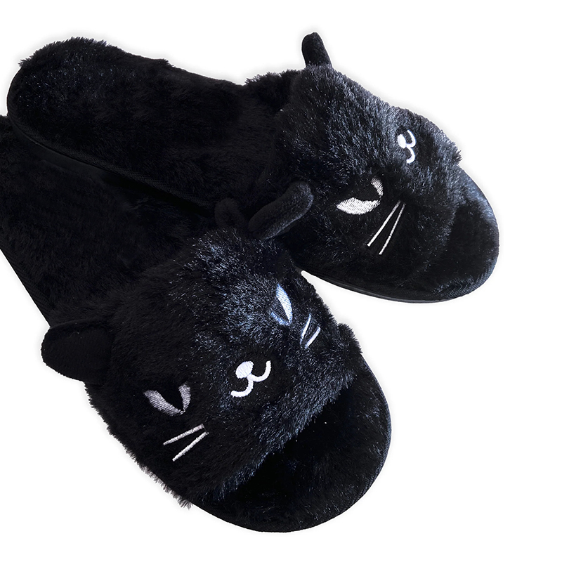 Звичайні жіночі м'які пухнасті відкриті носки для спальні, милі та чудові тапочки з чорним котом