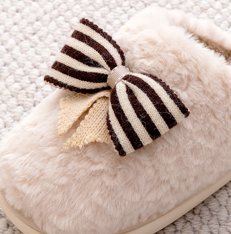Bow Tie Plush Slippers Autumn Winter Super Soft Thick Warm Cotton Shoes Women Home Indoor Light Casual Slipper