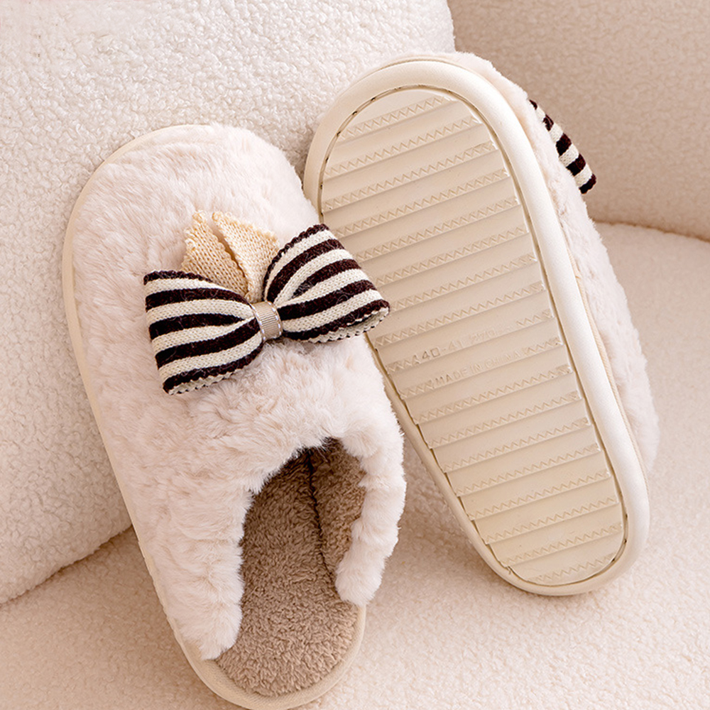 Bow Tie Plush Slippers Autumn Winter Super Soft Thick Warm Cotton Shoes Women Home Indoor Light Casual Slipper