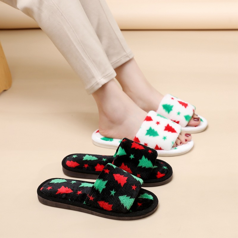 Christmas Gifts Tree Embroidered Slippers Green & White Fluffy Open-toe Slippers