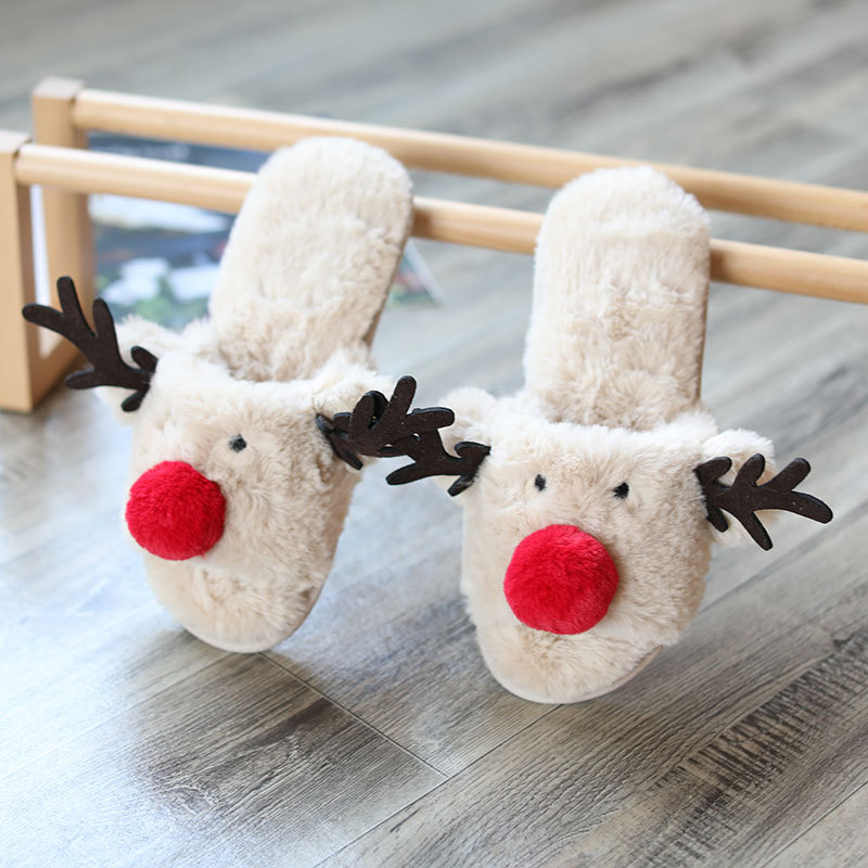 Factory Price Cute Christmas Elk Winter Home Slippers Open Toe Memory Foam Shoes Womens