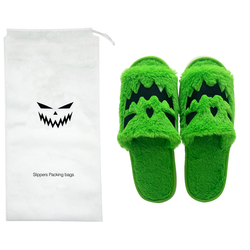 Halloween Lantern Green Pumpkin Slippers Soft Plush Cozy Open Toe 2023 Winter