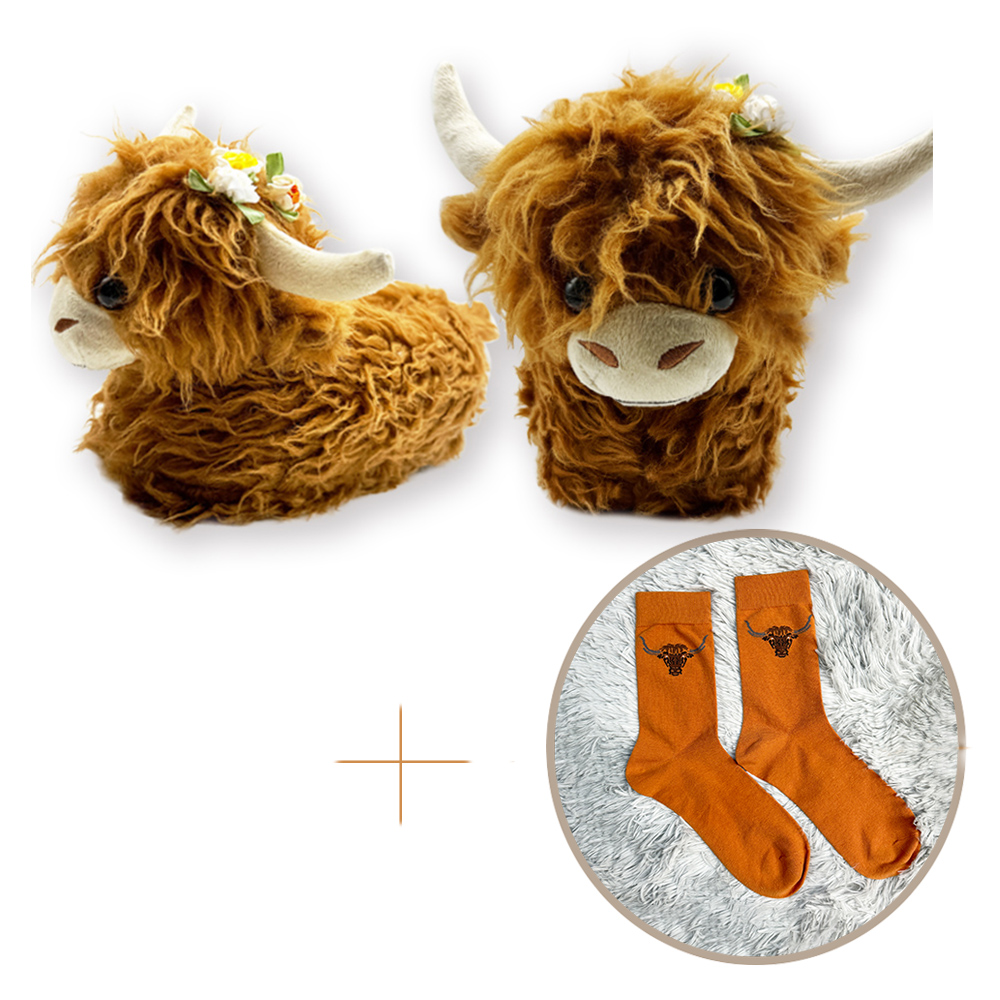 Highland Cow Slippers with Flowers Anti-Slip Scottish Cow Soft Warm Animal Home Indoor Slippers with Socks