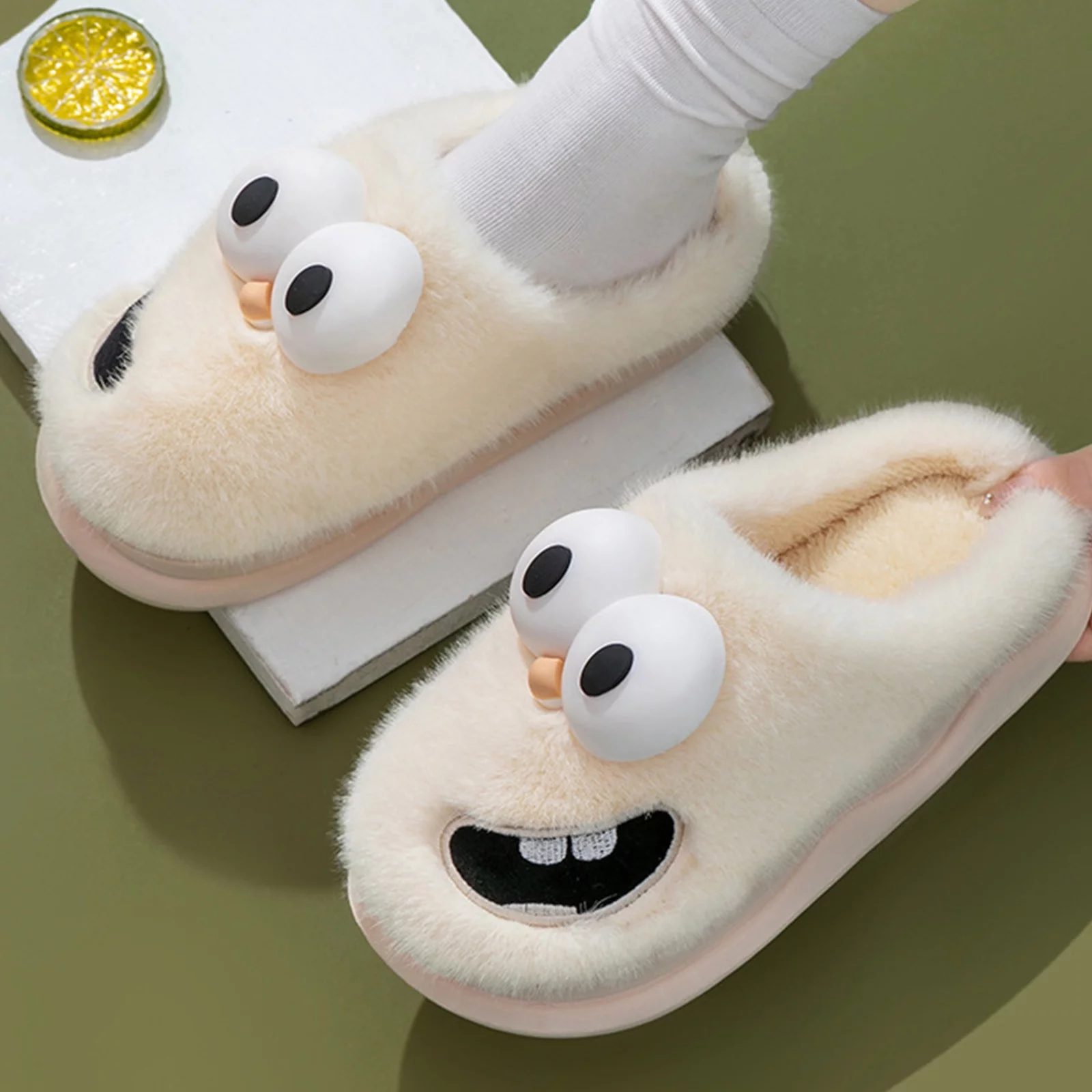Women Funny Warm Monster Plush Slippers Cute Big Eyes Cotton Slippers